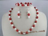 cnset008 wonderful 8mm round red coral beads necklace set with sterling dangle earrings