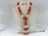 cnset017 red coral  & Deep sea tridacna necklace earrings set