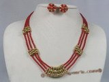 cnset022 3mm red round seed coral beads triple strands rope necklace