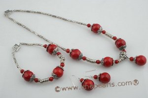 cnset035 Unique red coral and plated silver spacers Necklace & dangling earrings set