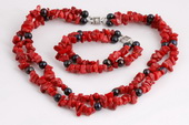 Cnset040 Double Rows Red Coral and Black Potato pearl Costume Necklace