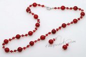 cnset041 Designer Red Coral and Crystal Necklace and Earrings set