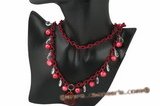 crn033 Hand wired wine red whorl potato parl and crystal rolo cord necklace