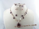 CRNSET003 Purple crystal necklace earrings set with pink seed pearls