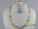 crnset009 Oval Gemstone and rice shape pearl necklace bracelet&earrings