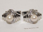 cufflink020 White Freshwater Round Pearl Man's pyramidal  Cufflinks in Sterling Silver