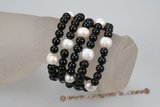 gbr039 five row  stretch 8mm black glass bead and 11-12mm white potato pearl bracelet