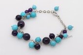 Gbr042 Hand Wired Silver toned Turquoise and Amethyst Bracelet