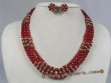 gnset002 6mm round red jade triple strands rope necklace earrings set