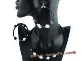 gnset043 Round Black agate & tridacna beads leather necklace jewelry set