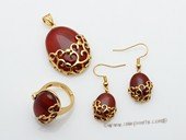 gnset053 Handmade jewelry stunning agate gold tone earrings , pendant and ring set