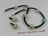 gset018  green heart-shape lampwork black cord nekclace set for wholesale