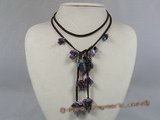 gsn051 Brown rubber cord baroque amethyst with crystal beads long necklace
