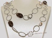 Gsn116 Trendy Smoky Quartz and Baroque Pearl Hammered Link Necklace