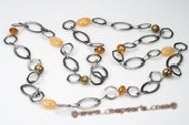 Gsn118 Olive Green Whorl Pearl and Topaz Hammered Link Necklace