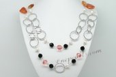 Gsn123 Trendy Red Agate and Faceted Crystal Hammered Long Link Necklace
