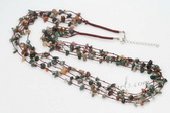 gsn144 Hand Crafted Baroque Jade Beads and Brown Cord Layer Necklace