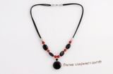 Gsn158 fashion gemstone leather necklace with black agate