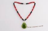 Gsn162 Hand knotted red&black gemstone necklace with tear drop Pendant