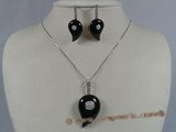 gnset009 Comma design black agate sterling sivler pendant earrings set