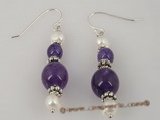 je015 Glossy Amethyst Rounds,Sterling Silver and pearl dangle earrings