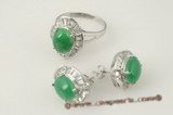 jnset010 Handcrafted 925silver oval green jade earring and ring jewelry set