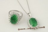 jnset011 wholesale 10*15mm oval green jade pendant necklace& ring set
