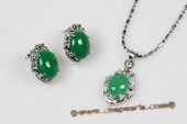 Jnset014 Silver Toned Green Jade Pendant and Earrings Jewelry Set