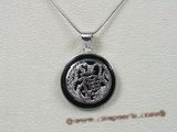 Jp013 Sterling Silver black agate Chinese Motif Pendant