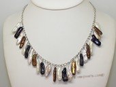 lpn021  Mix Color Biwa Freshwater Pearl Silver Tone Chain Necklace