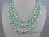 MPN005 Three rows potato pearls necklace with bule crystal beads