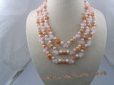 MPN012 Three rows potato pearls necklace with pink crystal beads