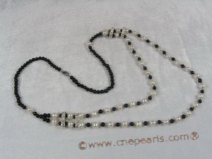 mpn015 two strands black agate necklace with white cultured pearl