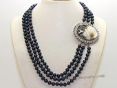 mpn022 three strands 6-7mm black potato shape cultured pearl necklace with cameo clasp