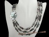 mpn045 Triple strands black biwa pearl necklace with shell clasp
