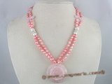 mpn061 Double strands rice pearl necklace with rose quartz pendant