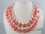 mpn068 Two strands white potato pearl  necklace with tear-drop coral beads