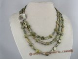 mpn071 three strands olive green oblong biwa pearl necklace
