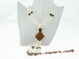 mpn081 double-strands side drill pearl necklace with gemstone beads