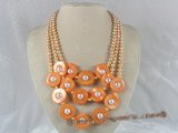 mpn082 triple-strands pink potato shape pearl necklace with shell beads