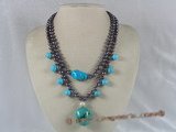 mpn087 double-strands black potato pearl layer necklace with turquoise beads