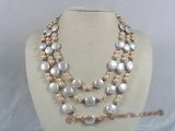 mpn103 triple strands pink mix black potato pearl necklace with coin pearl