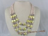 mpn108 Triple strands potato and coin shape pearl necklace with crystal beads