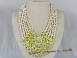 mpn110 Five rows white potato shape pearl necklace with yellow crystal