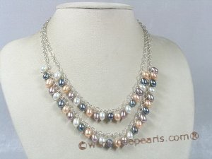 mpn114 Two rows multi color 6-7mm rice pearl layer necklace