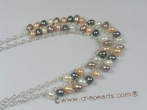mpn114 Two rows multi color 6-7mm rice pearl layer necklace