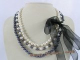 mpn143 Triple rows 7-8mm white&black potato pearl necklace with ribbon ties