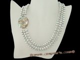 mpn175 three rows freshwater button pearl necklace with abalone shell clasp