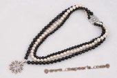 Mpn341 New Style White Pearl and Black Agate Layer Necklace in Three Rows