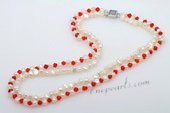 Mpn350 Two Rows White Nugget Pearl Layer Necklace with Red Crystal Beads